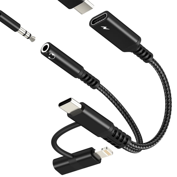 Aux to USB C Adapter(2in2)Lightning 3.5mm Headphone Audio Jack Cable for IPhone 17 16 15 14 Splitter Dongle Charger Type C Cord Car Charging for IPad Dual Lighting DAC Compatible for Samsung S26 S25