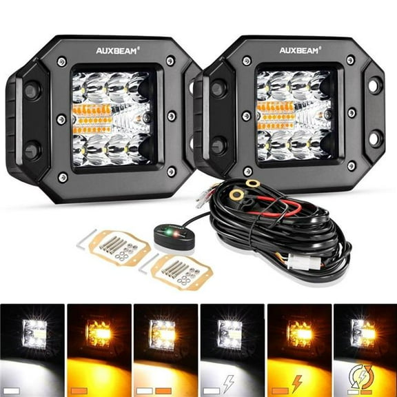 Auxbeam ZD000656 (2pcs/set) 3 inch 6 Modes White&Amber LED Square Light Pod Working Lights with Wiring Harness