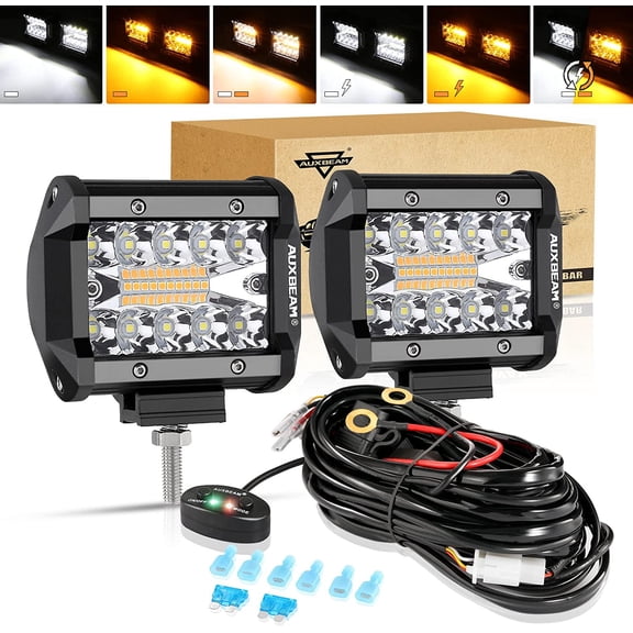 Auxbeam 4 Inch LED Driving Pods, 120W 12000LM Spot Flood Combo Triple Row Off Road Light Bar, 6 Modes Dual Color Amber White Auxiliary Flashing Fog Light for Trucks SUV ATV UTV , 2PCS