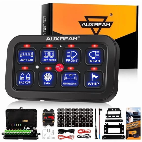 Auxbeam QP002559 Single Series 8 Gang(BA80) LED Switch Panel Kit Automatic Dimmable Universal(One-Sided Outlet) Blue