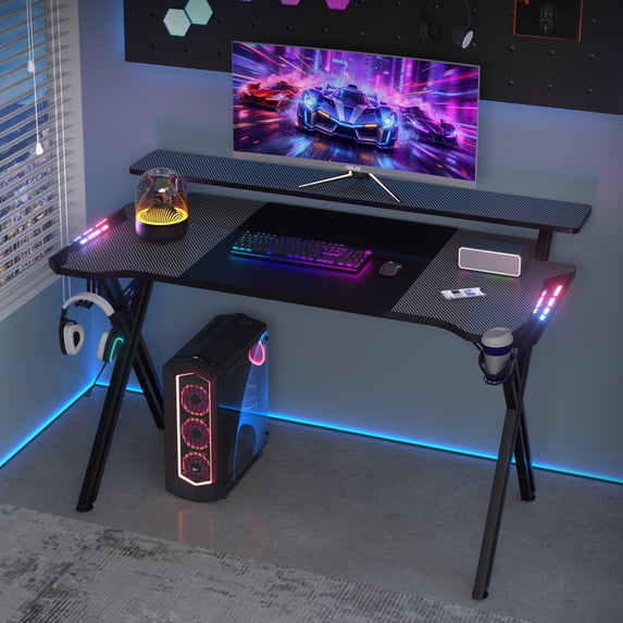 Auxe Gaxe 47 Inch Gaming Desk with Led Lights,Game Desks Table Monitor Stand with Mouse Pad,Cup Holder,Headphone Hook for Adults