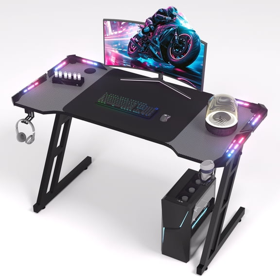 Auxe Gaxe Gaming Desk with LED Lights, 55 Inch Ergonomic Computer Gaming Desk with Mouse Pad, Cup Holder & Headphone Hook