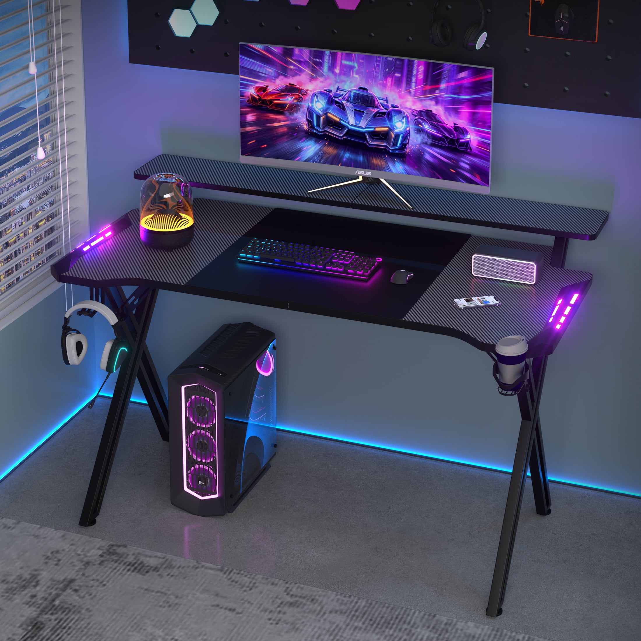 Auxe Gaxe 55 inch Double-layer Gaming Desk with Led Lights, Gaming Table with Cup Holder & Headphone Hook for Adults, Black