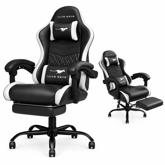 Auxe Gaxe Gaming Chair, Ergonomic Gaming Chair with Footrest, Headrest, and Lumbar Support, Large-Size Gaming Chair with 360° Swivel Seat, High Back (Black/White)