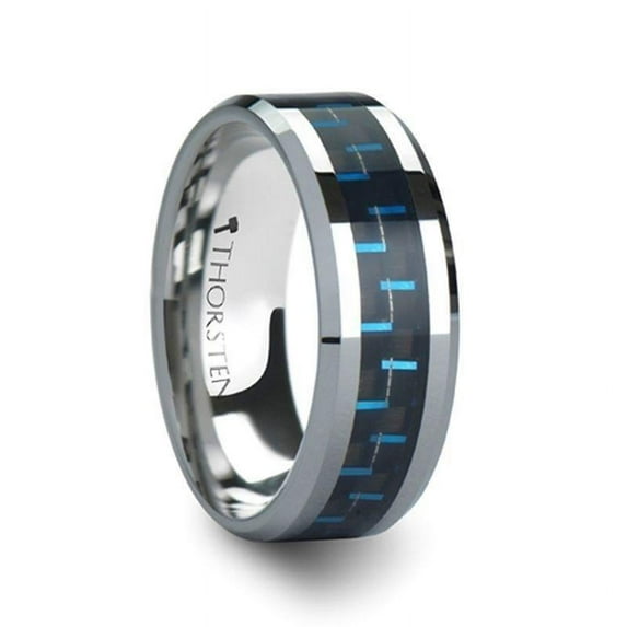 Auxilius Tungsten Carbide Ring With Black Blue Carbon Fiber Inlay