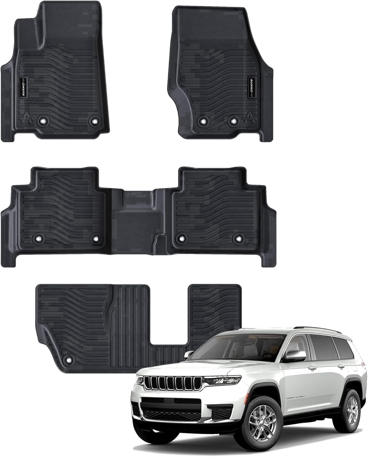 Auxko All Weather Floor Mats Fit for Jeep Grand Cherokee L 7 Seat(2nd Row Bench Seat) 2021-2024 2025 2026 TPE Rubber Liners Accessories All Season Guard Odorless 3 Row Black