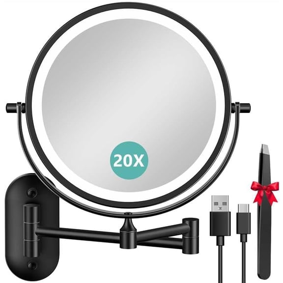 Auxmir 8'' Wall Mounted Lighted Makeup Mirror, 3200mAh Rechargeable Double-Sided 1X/20X Magnifying Mirror with Light, Touch Dimmable 3 Color Light, 360° Rotation Foldable Extended Arm, Black