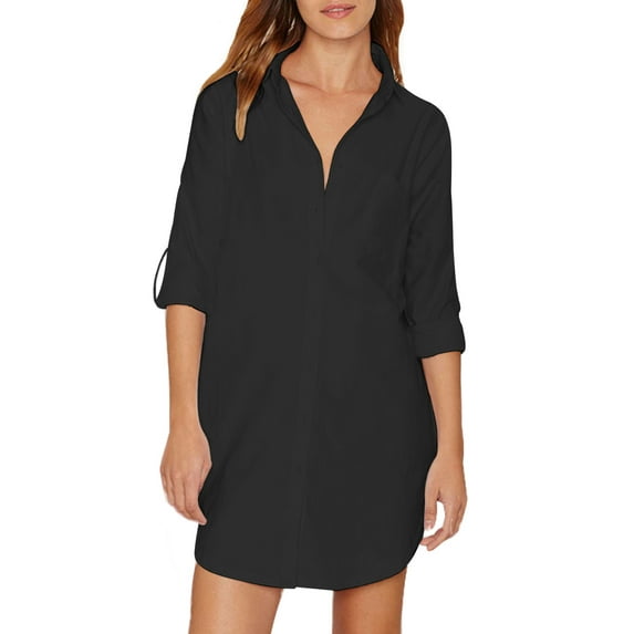 Auxo Women Office Solid Color Turn Down Collar Long Sleeve Top Shirt