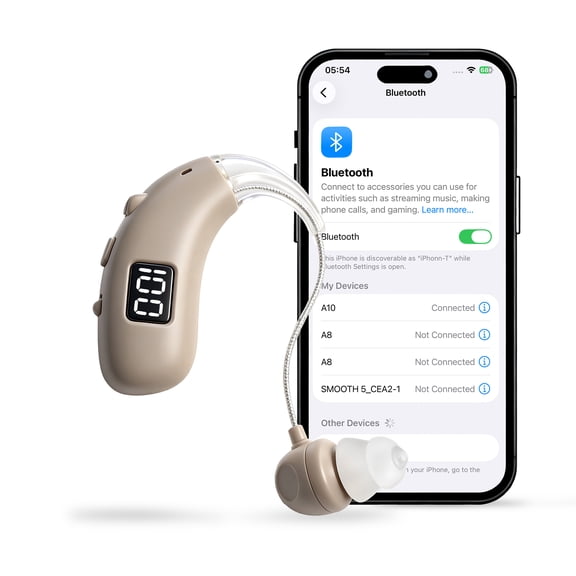 AuyeeSnc Rechargeable BTE Hearing Aid With Digital Battery Display, Universal Fit for Left/Right Ear Extended Tube, Bluetooth Connectivity, Big Button OTC Device for Seniors