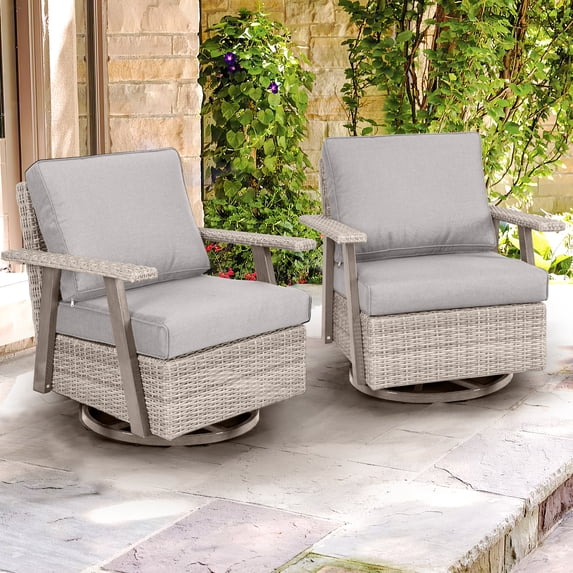 Auzfy 2 Pcs Outdoor Patio 360°Swivel Rocker Wicker Chairs for Balcony Porch, Grey