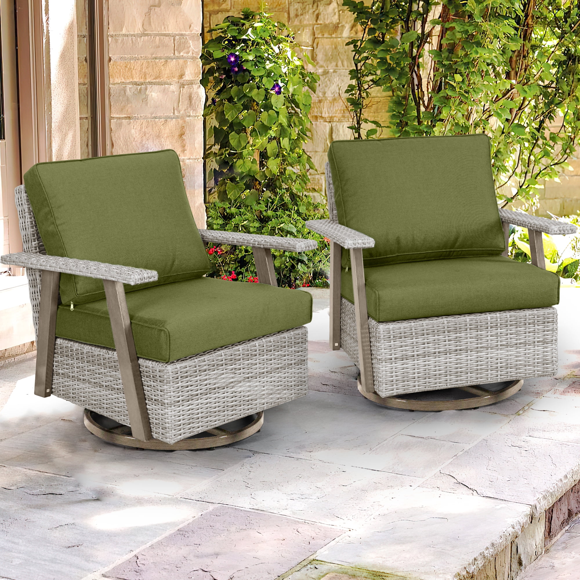 Auzfy 2 Piece Patio Swivel Wicker Rocking Chairs for Outdoor Balcony ...
