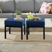 Auzfy 2 Pieces Metal Outdoor Patio Ottoman with Blue Cushion, Assembled Outdoor Foot Stool, Black Frame