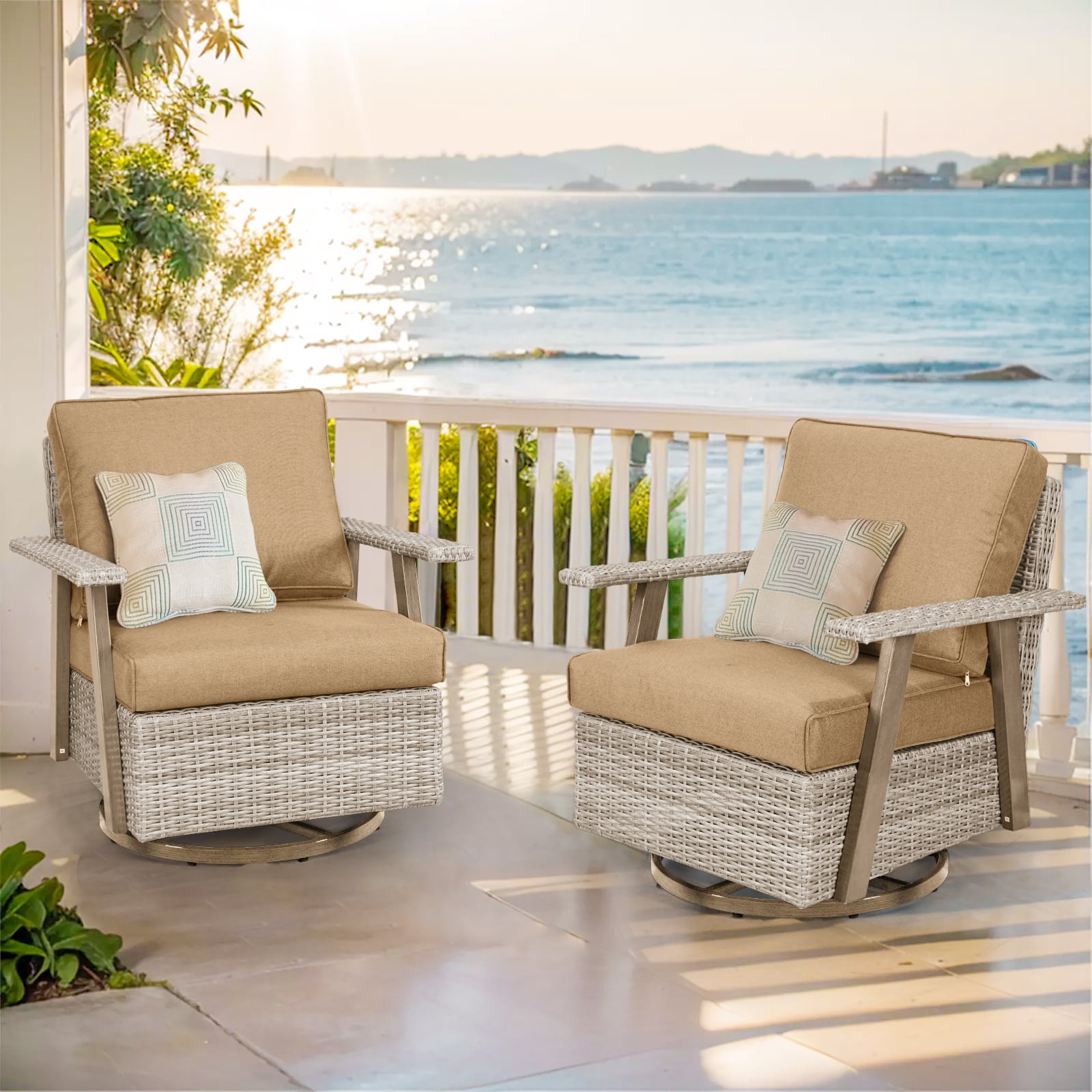 Auzfy Oversized Patio Wicker Swivel Rocker Chairs Set of 2 for Outdoor Poolside Brown