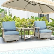 Auzfy 3 Pcs Oversized Wicker Patio Rocking Swivel Outdoor Chairs with Blue Cushion, Outdoor 360°Swivel Gliders Set