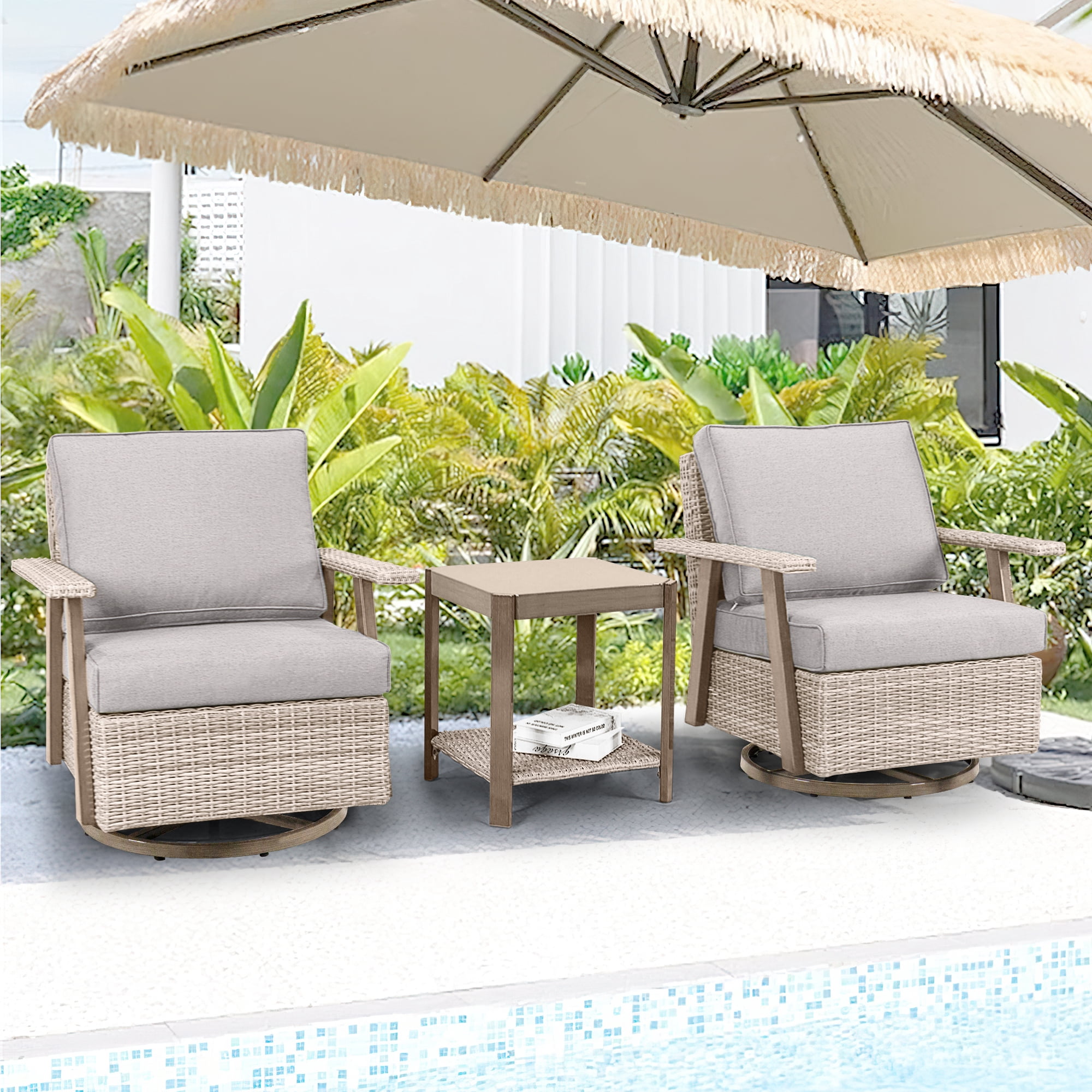 Auzfy 3 Piece Rocker Patio Set, PE Wicker Swivel Rocking Chairs and Table for Balcony Porch, Grey