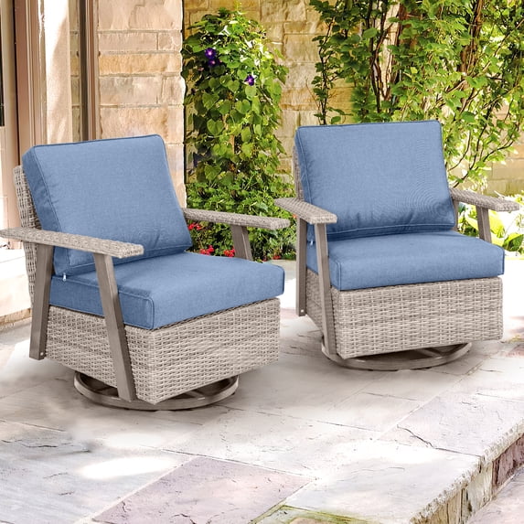 Auzfy Patio Swivel Rocker Chairs Set of 2, Wicker Rocking Chairs for Balcony Porch, Blue