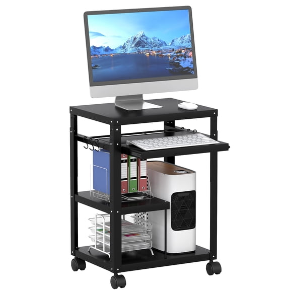 Av Presentation Cart With Keyboard Tray Mobile Stand Metal Media Wheels For Projector Height Adjustable Computer Workstation School Classroom Office