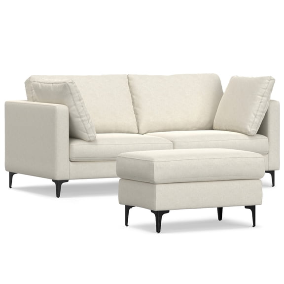 Ava 76" Mid-Century Modern Sofa & Ottoman Set in Cream Performance Fabric - Eco-Friendly, Water-Repellent, Easy-Care Living Room Furniture with Metal Legs