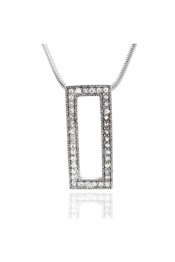 Elegant Rectangle Austrian Crystal Pendant Necklace - Silver Tone 16" + 1" Extender Jewelry Necklace Silver