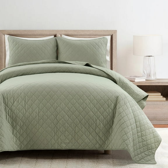 Ava Diamond Oversized Cotton Quilt Sage 3Pc Set Full/Queen