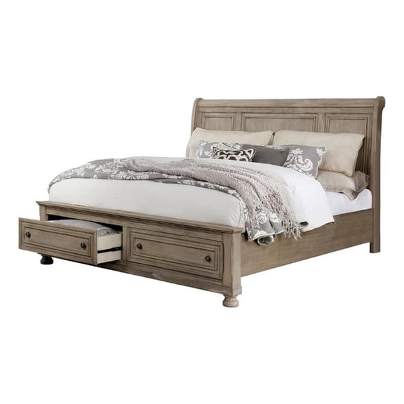 Ava King Bed with Footboard Storage and Bun Feet-Gray Solid Wood