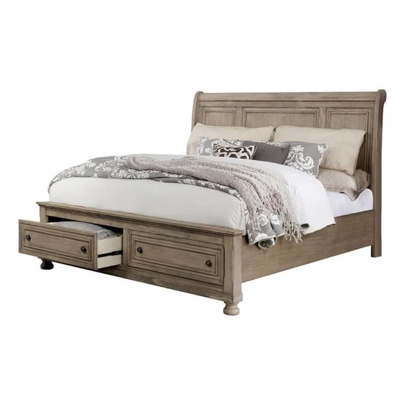 Ava Queen Bed with Footboard Storage and Bun Feet-Gray Solid Wood