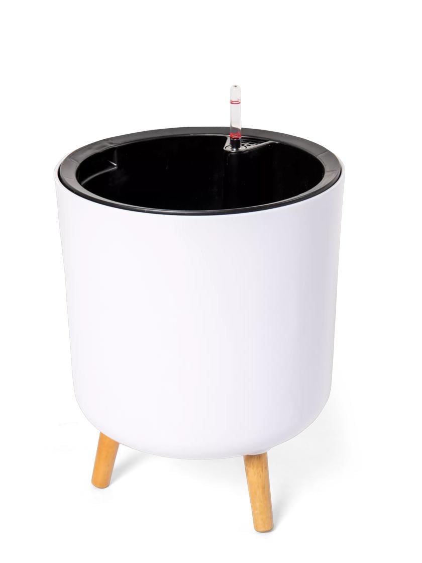 White Round Self-Watering Modern Plant Pot with Wooden Legs