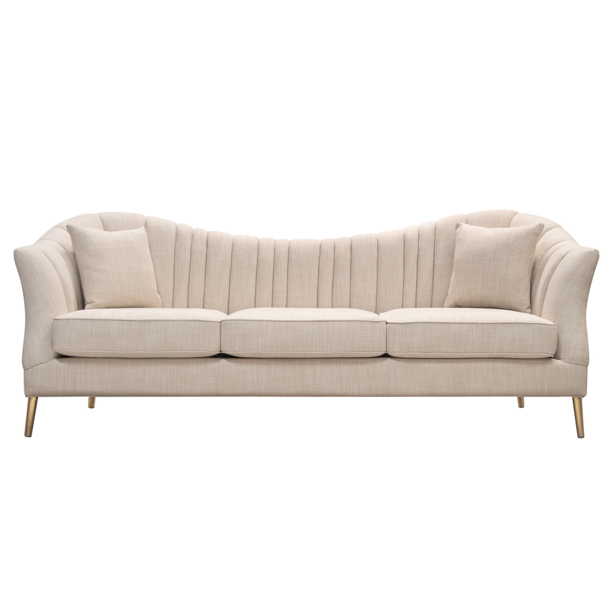 Sand Linen Tufted Sofa with Gold Metal Legs and Round Arms