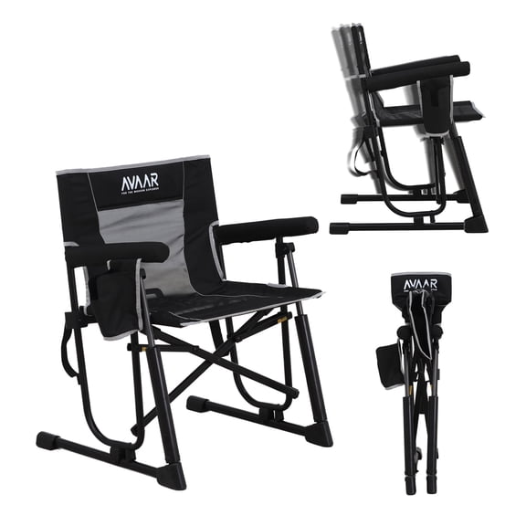 Avaar Outdoor Folding Rocking Camp Chair w/Cup Holder, 400lbs Capacity, Black