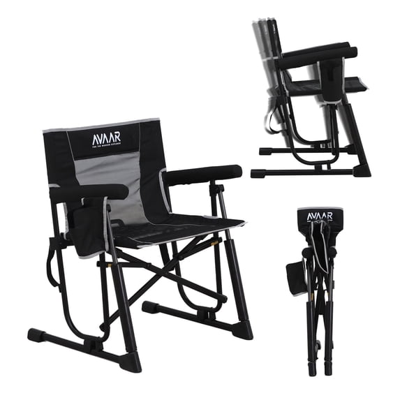 Avaar Outdoor Folding Rocking Camp Chair w/Cup Holder, 400lbs Capacity, Black