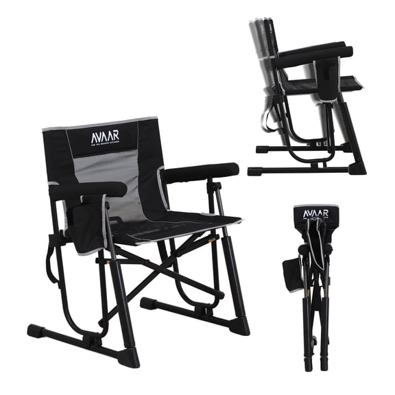 Avaar Outdoor Folding Rocking Camp Chair w/Cup Holder, 400lbs Capacity, Black