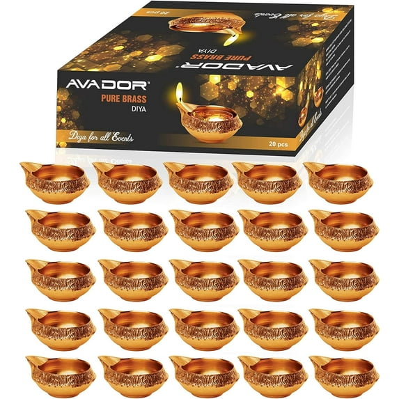 Avador Handmade Brass Indian Puja Oil Lamp, Golden Diya Lamp Engraved Design Diya for Diwali Pooja 2.5 Inch (20)