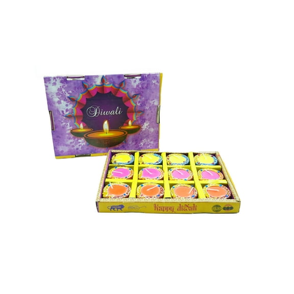 Avador Handmade Clay Diya Indian Puja Oil Lamp, Mitti Diya Lamp Engraved Design Diya for Diwali Pooja (Color Pack of 12 With Color Wax)