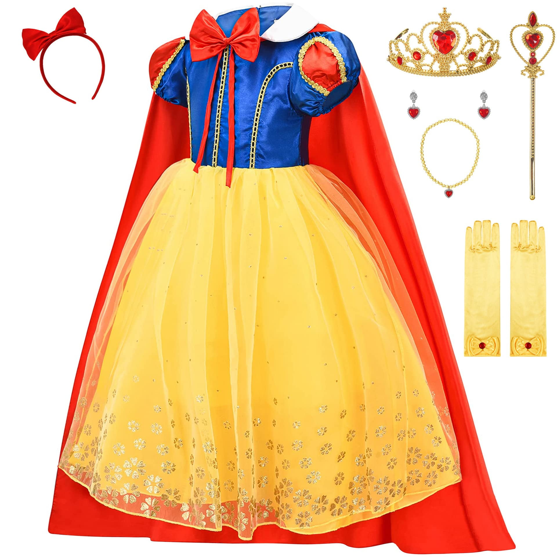 Avady Girls Dress Christmas Princess Costume for Snow White Puff Sleeve Bowknot Red Cape Accessories