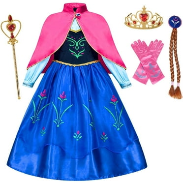 Avady Princess Anna Costume Princess Dress Up for Girls Long Sleeves Cosplay Costume with Red Cape