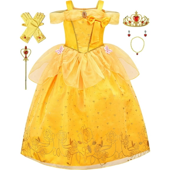Avady Princess Belle Costume for Girls Princess Dress Up with Crown Wand Necklace Earring Gloves