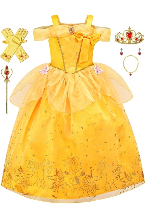 Princess Belle Costume for Girls Princess Dress Up with Crown Wand Necklace Earring Gloves