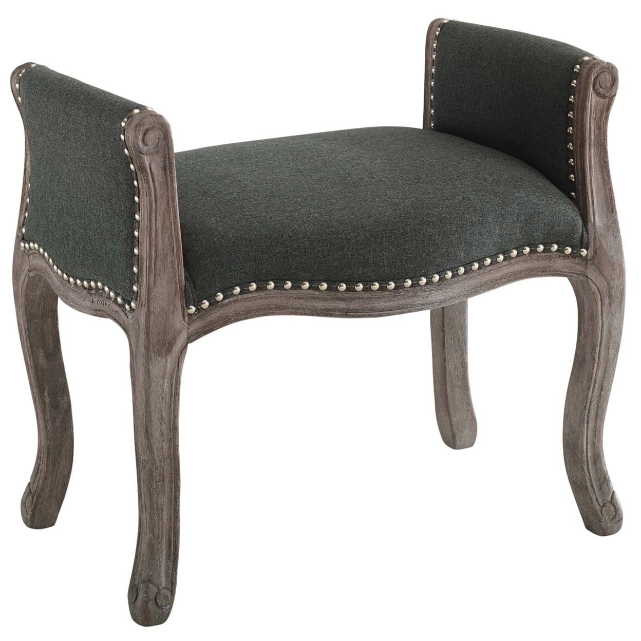 Gray Vintage French Upholstered Fabric Bench with Nailhead Trim
