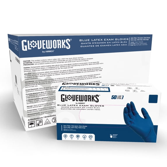 GLOVEWORKS HD Latex, Powder Free, Medical Disposable Gloves, Medium, Blue, 500/Case