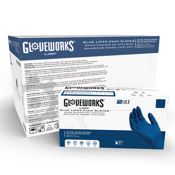 GLOVEWORKS HD Latex, Powder Free, Medical Disposable Gloves, Medium, Blue, 500/Case