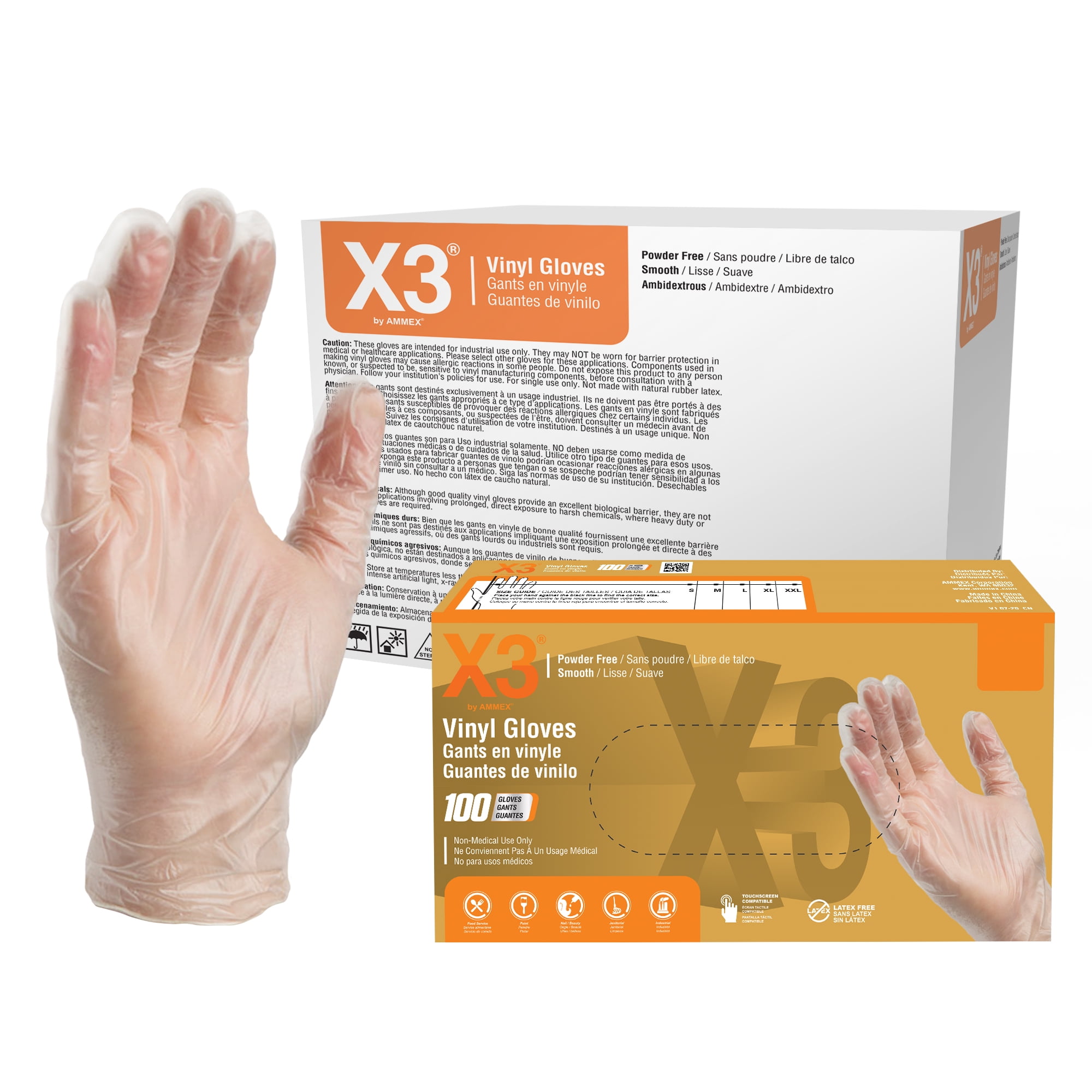 X3 Clear Disposable Vinyl Gloves, Size Small, 1000 Count, Light-Duty