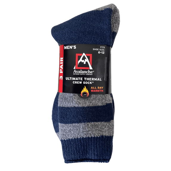 Avalanche Men's Ultimate Thermal Crew Socks 3-Pack, Fits Shoe Size 6-12 | Includes 3 pairs Blue. Gray, Blue/Gray Stripes | Great for Outdoor Activities like Hiking, Snow, Ski, and More!