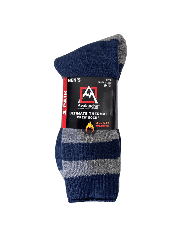 Men's Ultimate Thermal Crew Socks 3-Pack, Fits Shoe Size 6-12 | Includes 3 pairs Blue. Gray, Blue/Gray Stripes | Great for Outdoor Activities like Hiking, Snow, Ski, and More!