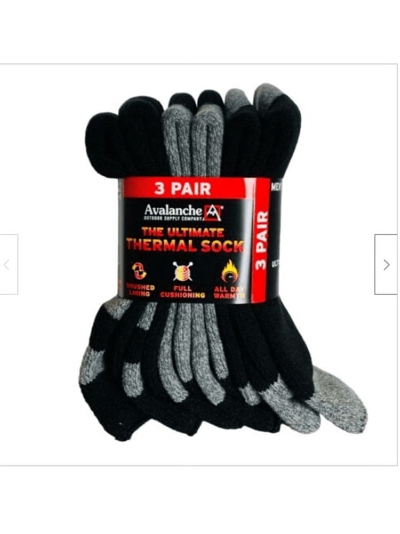 Avalanche Outdoor Supply Men's Ultimate Thermal Crew Sock, Size 6-12, All Day Warmth, Brushed Lining, Full Cushioning, 3-Pack
