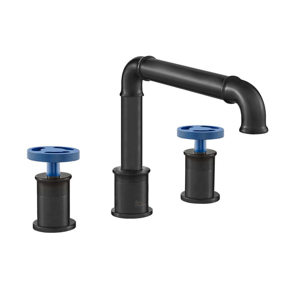Swiss Madison Avallon Matte Black 8" Widespread Bathroom Faucet with Blue Handles