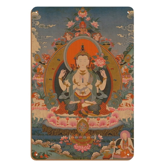 Avalokiteshvara Chaturbhuja (The All Seeing Lord with Four Hands) - Vintage Tibetan Thangka Buddhist Painting c.1800s - 8 x 12 inch Vintage Wood Art Sign