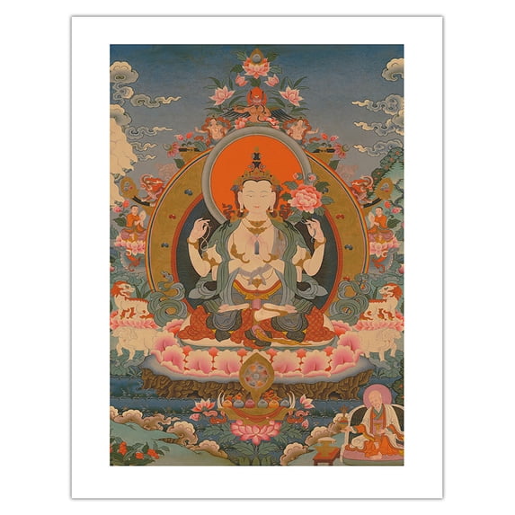 Avalokiteshvara Chaturbhuja (The All Seeing Lord with Four Hands) - Vintage Tibetan Thangka Buddhist Painting c.1800s - Bamboo Fine Art 290gsm Paper (Unframed) 17x22in