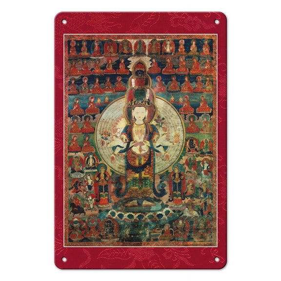 Avalokiteshvara in the Tradition of Shri Lakshmi - Tantric Buddhist Deity - Vintage Tibetan Thangka Buddhist Painting - Tibet, 18th Century - 8 x 12 inch Vintage Metal Tin Sign