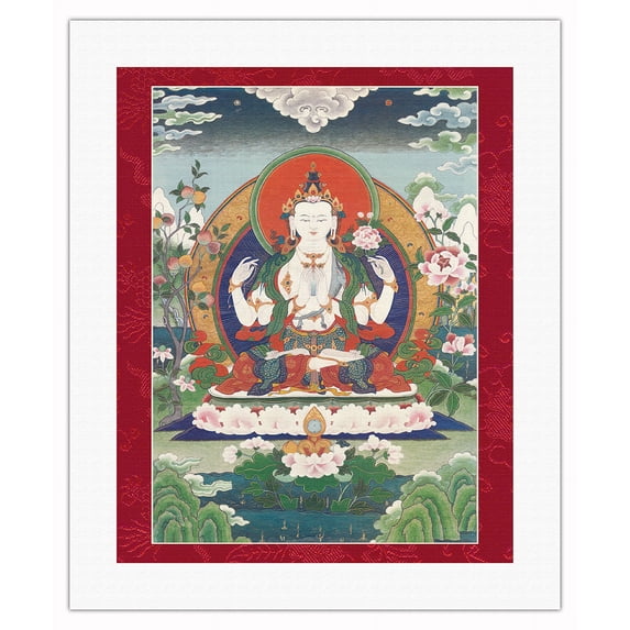 Avalokitesvara - Embodiment of Compassion - Buddhist Tantric Deity - Vintage Tibetan Thangka Buddhist Painting - Tibet, 13th Century - Fine Art Rolled Canvas Print 16in x 20in