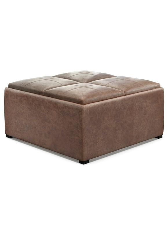 Avalon 35 inch Wide Contemporary Square Coffee Table Storage Ottoman in Distressed Umber Brown Faux Leather